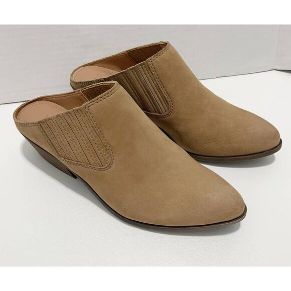 Frye Rowen Gore Suede Leather Mule Slip Stacked Heel‎ On 6.5 Beige - Picture 10 of 10